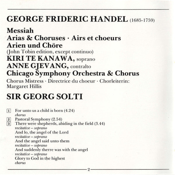 Georg Friedrich Händel, Kiri Te Kanawa, Anne Gjevang, Chicago Symphony Orchestra & Chicago Symphony Chorus, Georg Solti : Messiah Arias & Choruses (CD, Album)