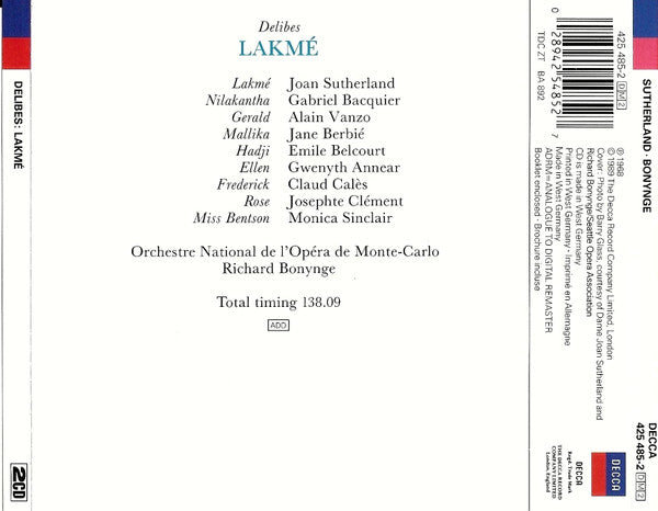 Léo Delibes - Joan Sutherland, Alain Vanzo, Gabriel Bacquier, Orchestre National De L'Opéra De Monte-Carlo, Richard Bonynge : Lakmé (2xCD, Album, RM, RP)