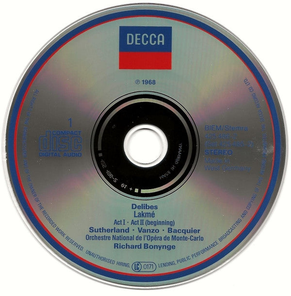 Léo Delibes - Joan Sutherland, Alain Vanzo, Gabriel Bacquier, Orchestre National De L'Opéra De Monte-Carlo, Richard Bonynge : Lakmé (2xCD, Album, RM, RP)