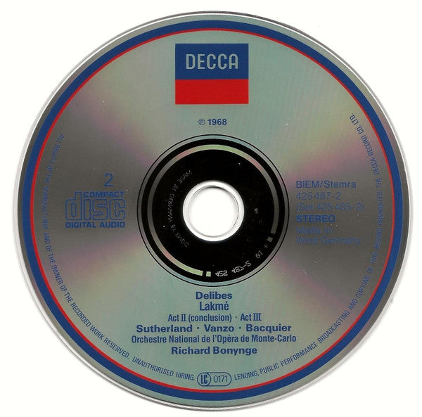 Léo Delibes - Joan Sutherland, Alain Vanzo, Gabriel Bacquier, Orchestre National De L'Opéra De Monte-Carlo, Richard Bonynge : Lakmé (2xCD, Album, RM, RP)
