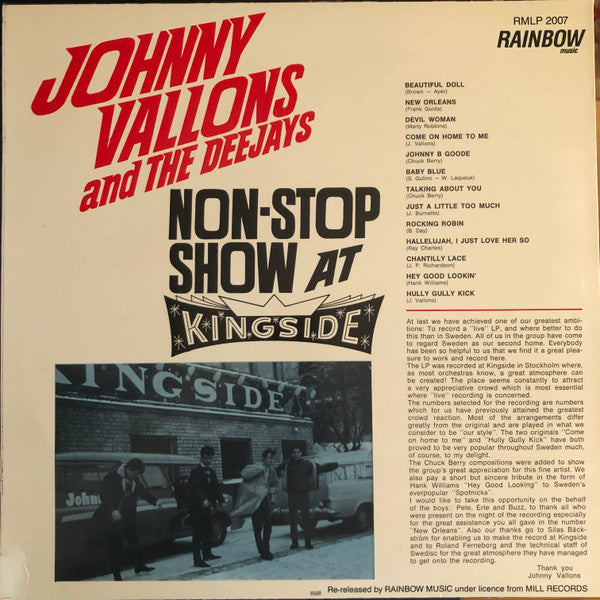 Johnny Vallons & The Deejays : Non-Stop Show At Kingside (LP, Album, Mono, RE)