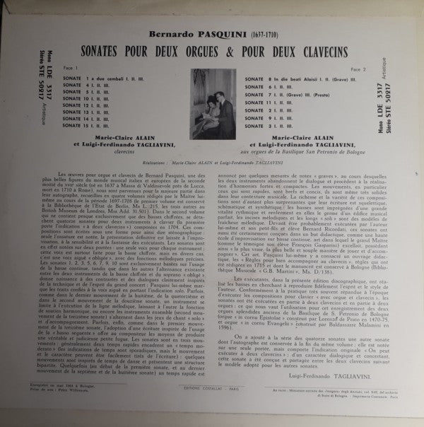 Bernardo Pasquini, Marie-Claire Alain, Luigi Ferdinando Tagliavini : Sonates Pour Deux Orgues Et Deux Clavecins (LP)