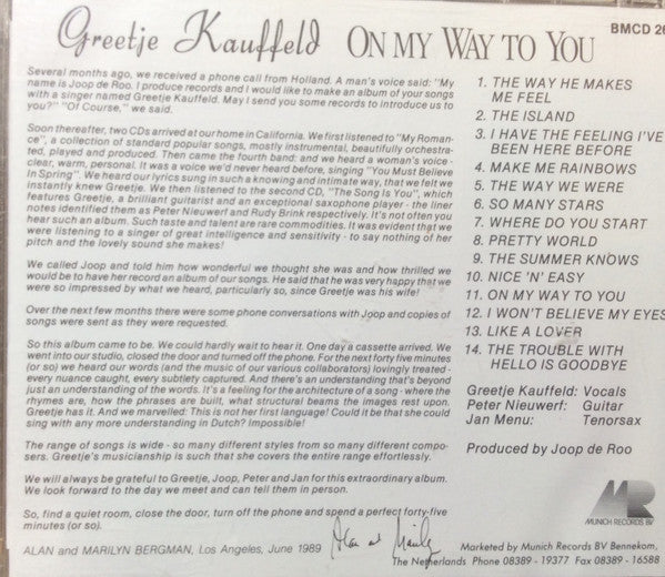 Greetje Kauffeld : Meets Alan & Marilyn Bergman. On My Way To You (CD, Album)