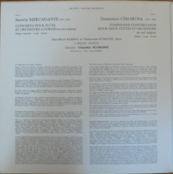 Domenico Cimarosa / Giuseppe Saverio Mercadante, Jean-Pierre Rampal, Clementine Scimone, I Solisti Veneti, Claudio Scimone : Symphonie Concertante Pour Deux Flûtes En Sol Majeur / Concerto Pour Flûte En Mi Mineur (LP, RE, Gat)