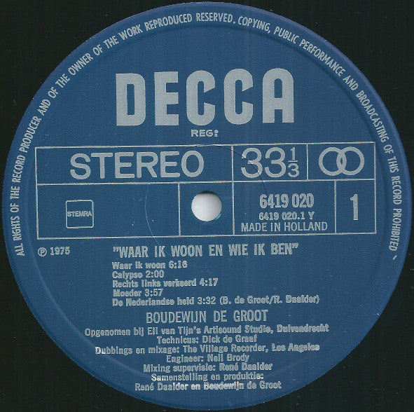 Boudewijn de Groot : Waar Ik Woon En Wie Ik Ben (LP, Album)