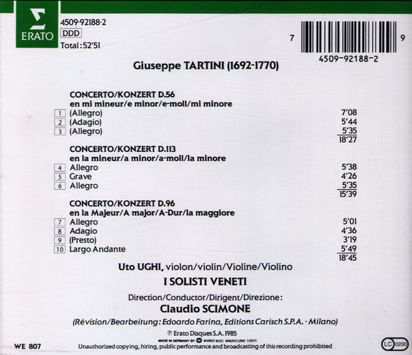 Giuseppe Tartini - Uto Ughi, I Solisti Veneti, Claudio Scimone : Concertos For Violin (CD, Album)