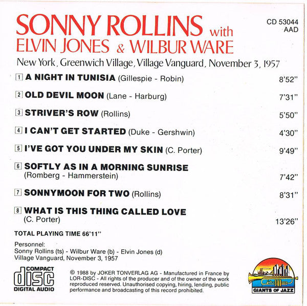 Sonny Rollins With Elvin Jones & Wilbur Ware : New York, Greenwich Village, Village Vanguard, November 3, 1957 (CD, Album)