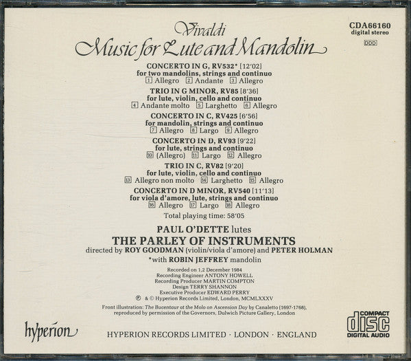 Antonio Vivaldi - Paul O'Dette, The Parley Of Instruments Directed By Roy Goodman And Peter Holman : Music For Lute And Mandolin (CD, Album)