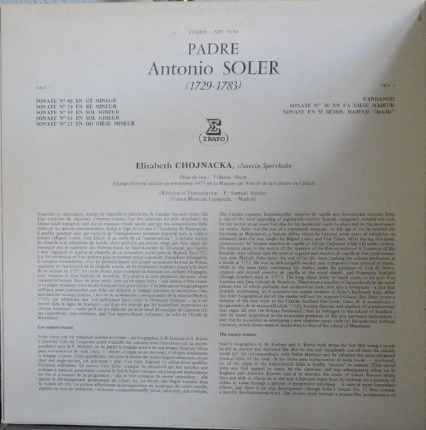 Padre Antonio Soler, Elisabeth Chojnacka : Fandango, Sept Sonatas (LP, Album)
