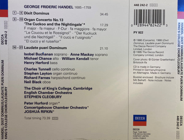 Georg Friedrich Händel, The King's College Choir Of Cambridge, English Chamber Orchestra, Stephen Cleobury : Dixit Dominus / Laudate Pueri Dominum / Organ Concerto 'The Cuckoo And The Nightingale' (CD, Comp)