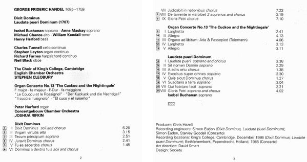 Georg Friedrich Händel, The King's College Choir Of Cambridge, English Chamber Orchestra, Stephen Cleobury : Dixit Dominus / Laudate Pueri Dominum / Organ Concerto 'The Cuckoo And The Nightingale' (CD, Comp)
