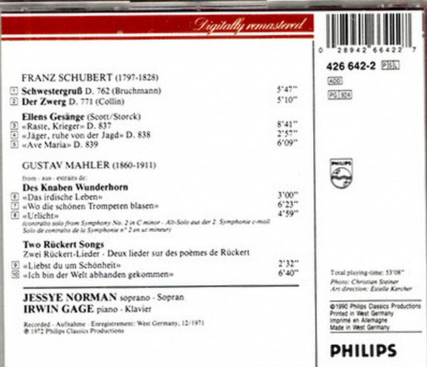 Franz Schubert • Gustav Mahler / Jessye Norman • Irwin Gage : Jessye Norman (CD, Album, RE, RM)