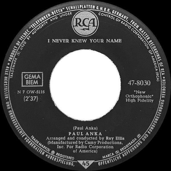 Paul Anka : A Steel Guitar And A Glass Of Wine (7")