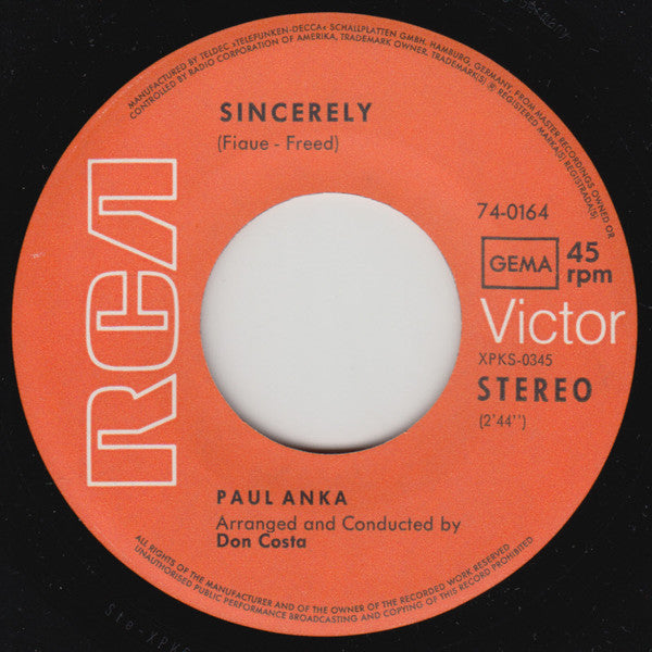 Paul Anka : Sincerely (7", Single)