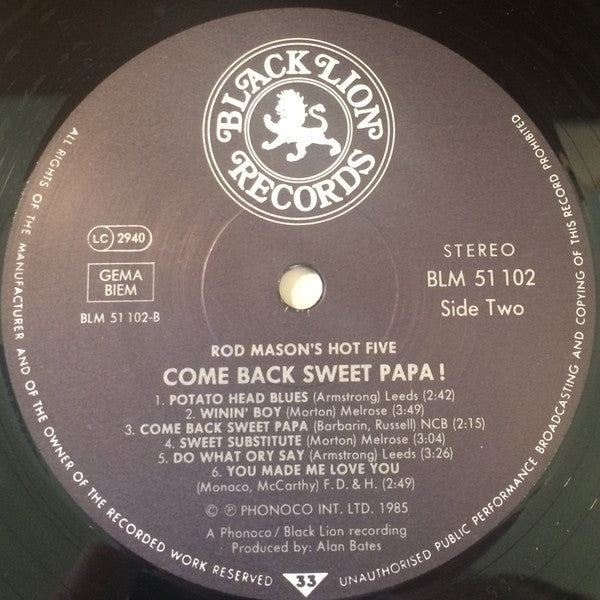 Rod Mason's Hot Five : Come Back Sweet Papa (LP)