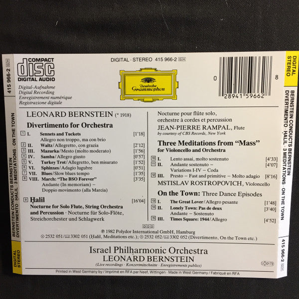 Leonard Bernstein Conducts Leonard Bernstein – Jean-Pierre Rampal · Mstislav Rostropovich · Israel Philharmonic Orchestra : Divertimento / Halil / Meditations From “Mass” / On The Town (CD, Comp, RE)