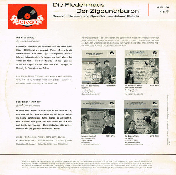 Johann Strauss Jr. : Die Fledermaus ∙ Der Zigeunerbaron (Querschnitte Durch Die Operetten Von Johann Strauss) (10", Mono)