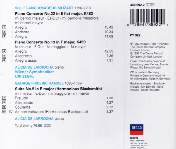 Wolfgang Amadeus Mozart, Georg Friedrich Händel / Alicia De Larrocha : Piano Concertos 19 & 22 (K459 & K482), Suite No. 5 'Harmonious Blacksmith' (CD)