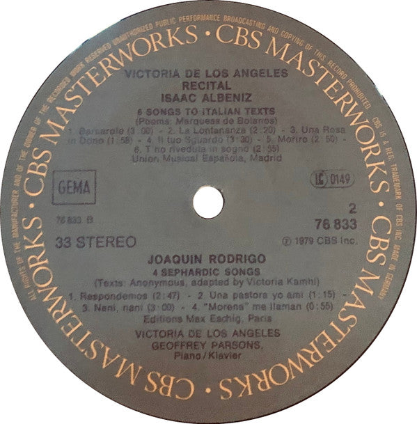 Victoria De Los Angeles, Geoffrey Parsons (2) - Isaac Albéniz • Julian Bautista • Joaquín Rodrigo • Salvador Moreno (2) : Recital  (LP)