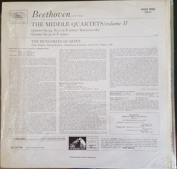 Ludwig van Beethoven, The Hungarian Quartet : The Middle Quartets Volume Two  (LP, RP)