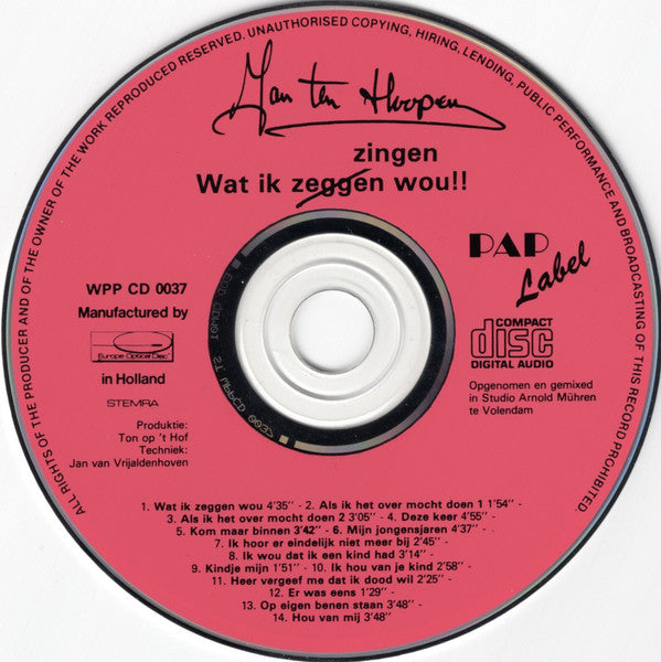 Jan Ten Hoopen : Wat Ik Zingen Wou!! (CD)