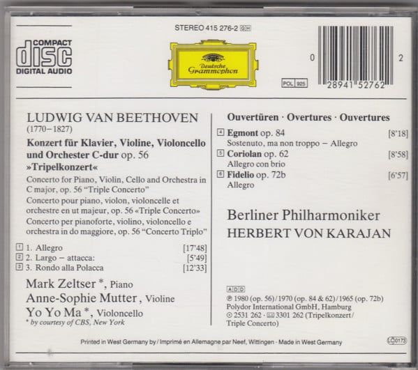 Ludwig van Beethoven - Berliner Philharmoniker, Mark Zeltser, Yo-Yo Ma, Anne-Sophie Mutter, Herbert von Karajan : Tripelkonzert C-Dur Op.56 Für Klavier, Violine Und Violoncello (Tripelkonzert) (CD, Comp)