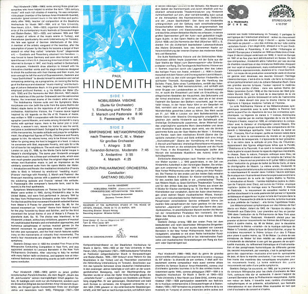 Paul Hindemith, The Czech Philharmonic Orchestra, Gaetano Delogu : Nobilissima Visione Suite / Symphonic Metamorphoses On Themes By Weber (LP, Quad)