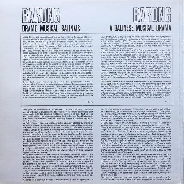 Louis Berthe : Barong - Drame Musical Balinais (LP, Album, Gat)