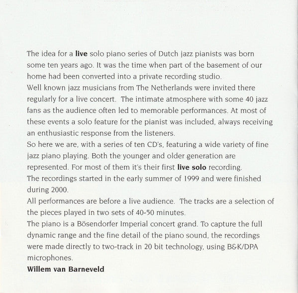 Rob Van Bavel : Solo Piano 'Jazz At The Pinehill' (CD, Album)