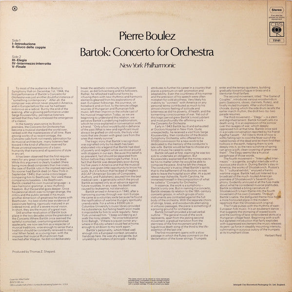 Pierre Boulez / Béla Bartók - New York Philharmonic : Concerto For Orchestra (LP, Album, Gat)
