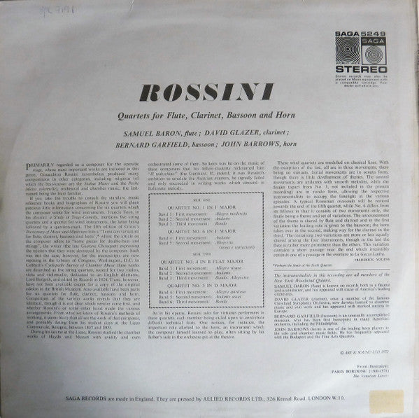 Gioacchino Rossini, Samuel Baron, David Glazer, Bernard Garfield, John Barrows : Quartets For  Flute, Clarinet, Bassoon And Horn No.1 In F Major, No.4 In B Flat Major, No.5 In D  Major, No.6 In F Major (LP)