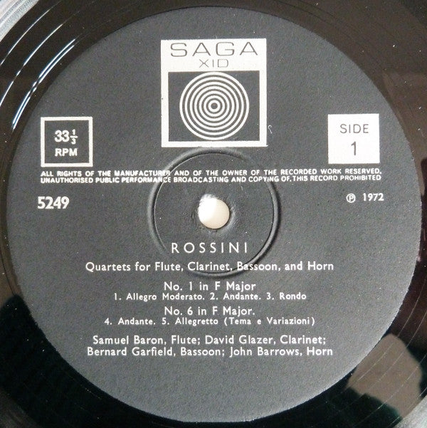 Gioacchino Rossini, Samuel Baron, David Glazer, Bernard Garfield, John Barrows : Quartets For  Flute, Clarinet, Bassoon And Horn No.1 In F Major, No.4 In B Flat Major, No.5 In D  Major, No.6 In F Major (LP)