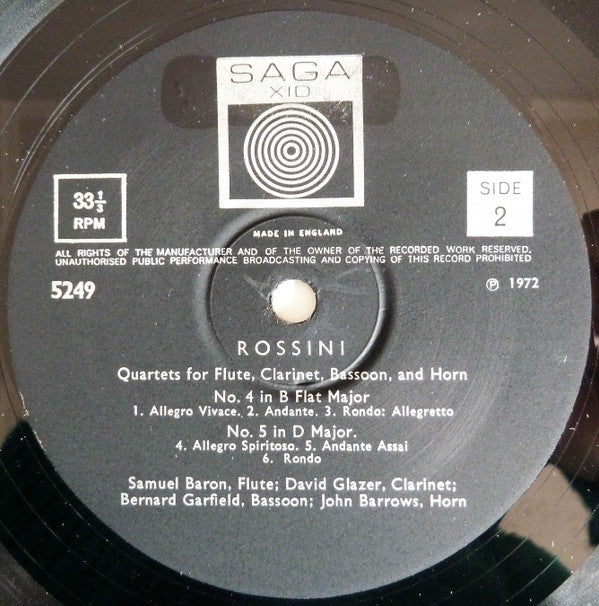 Gioacchino Rossini, Samuel Baron, David Glazer, Bernard Garfield, John Barrows : Quartets For  Flute, Clarinet, Bassoon And Horn No.1 In F Major, No.4 In B Flat Major, No.5 In D  Major, No.6 In F Major (LP)
