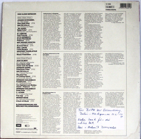 Blasorchester der Berliner Philharmoniker : Eine Kleine Biermusik (Populäre Biergarten- Und Caféhaus-Musik) (LP, Album, DMM)