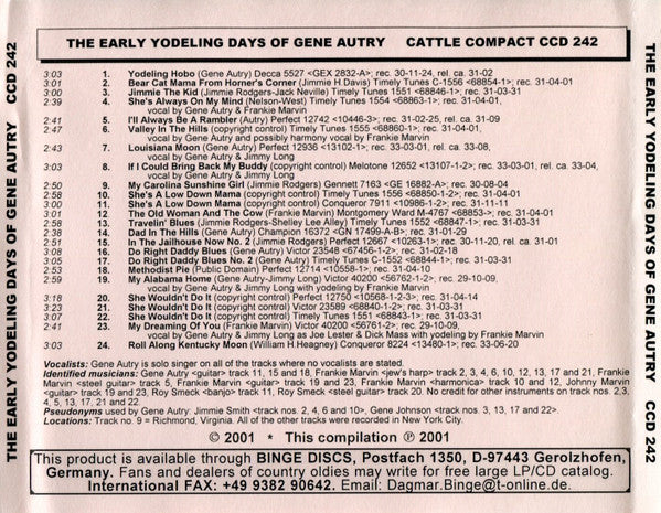 Gene Autry : The Early Yodeling Days Of Gene Autry (CD, Comp, Mono)