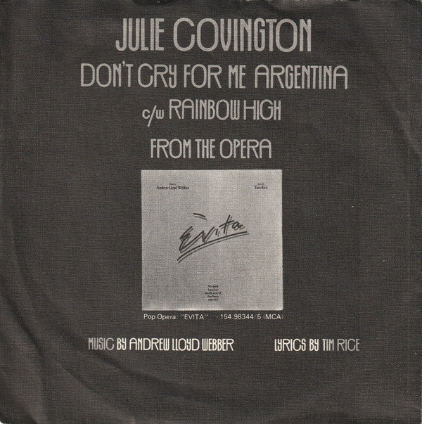 Julie Covington : Don't Cry For Me Argentina (7", Single, Bla)
