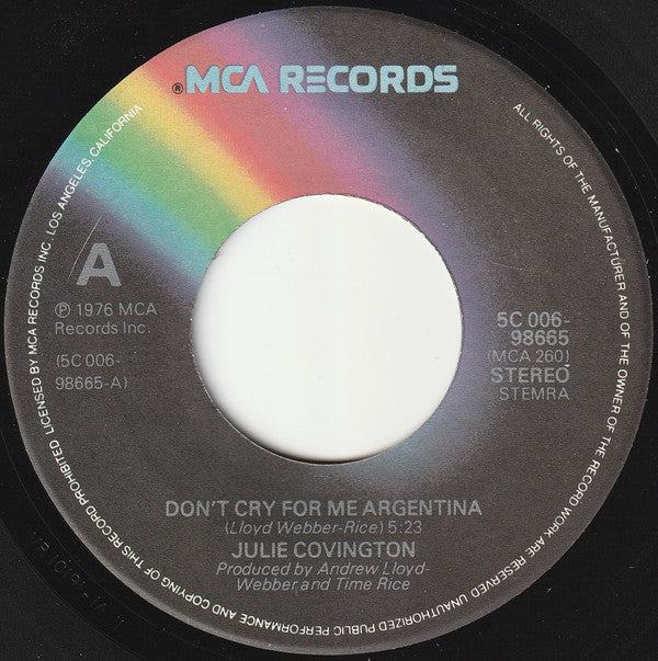 Julie Covington : Don't Cry For Me Argentina (7", Single, Bla)