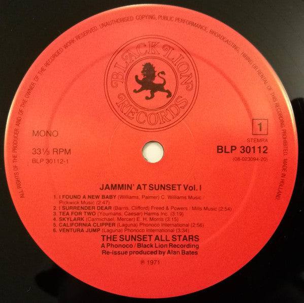 The Sunset All Stars : Jammin' At Sunset - Volume 1 (LP, Comp, Mono, RE)