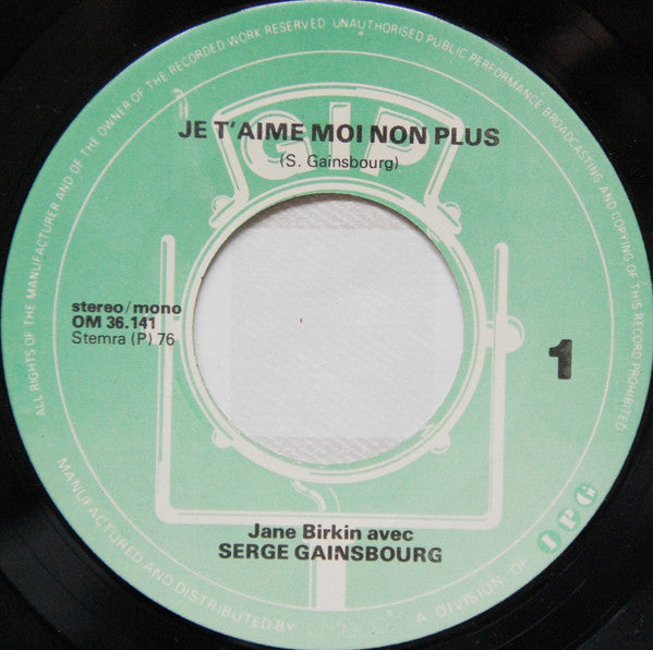 Jane Birkin Avec Serge Gainsbourg : Je T'aime Moi Non Plus (7", Single, RE)