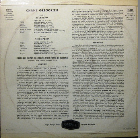 Chœur Des Moines De L'Abbaye Saint-Pierre De Solesmes : Chant Grégorien • Ascension / Assumption (LP, Album)