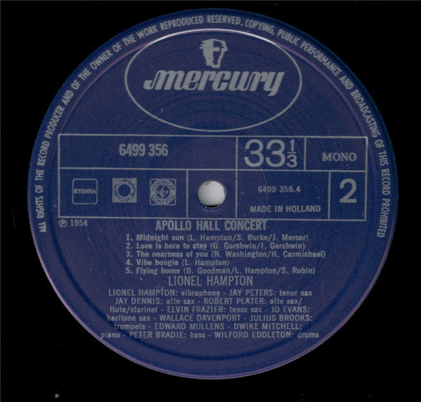 Lionel Hampton : Apollo Hall Concert (LP, Album, Mono, RE)