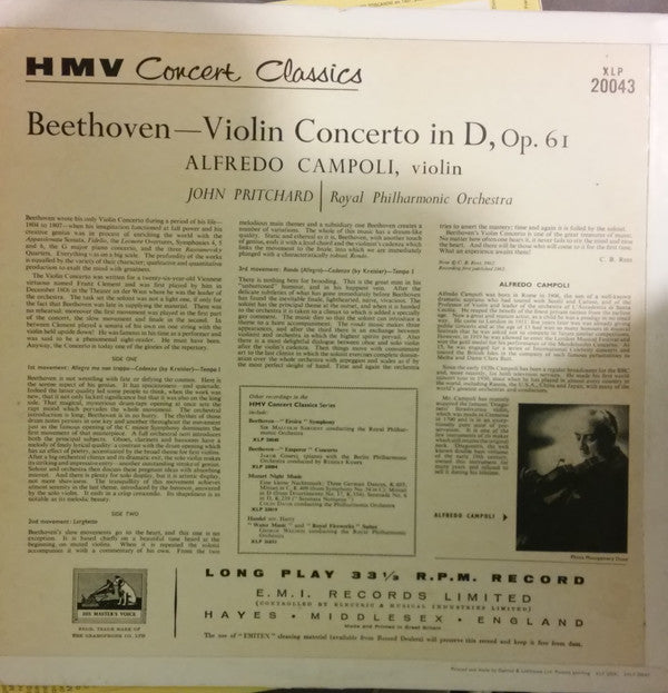 Ludwig van Beethoven, Alfredo Campoli, Royal Philharmonic Orchestra, John Pritchard : Violin Concerto (LP, Mono)