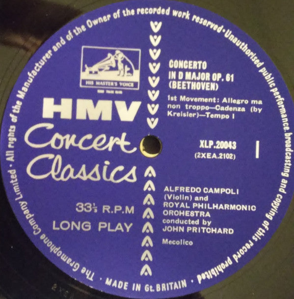 Ludwig van Beethoven, Alfredo Campoli, Royal Philharmonic Orchestra, John Pritchard : Violin Concerto (LP, Mono)
