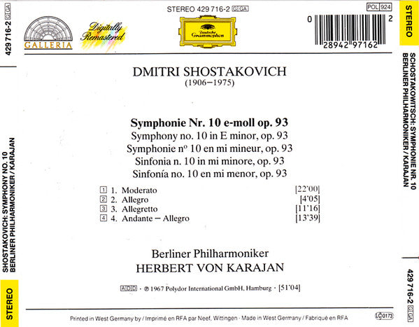 Dmitri Shostakovich, Berliner Philharmoniker, Herbert von Karajan : Symphony No. 10 (CD, RE, RM)