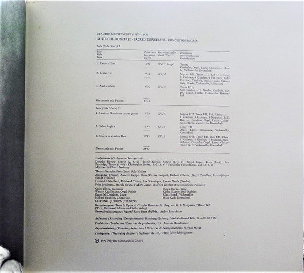Claudio Monteverdi - Dorothy Dorow • Birgit Nordin • Nigel Rogers (2) • Ian Partridge • Christopher Keyte • Friedhelm Hessenbruch, Monteverdi-Chor Hamburg • Jürgen Jürgens : Geistliche Konzerte (LP)
