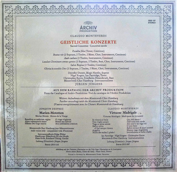 Claudio Monteverdi - Dorothy Dorow • Birgit Nordin • Nigel Rogers (2) • Ian Partridge • Christopher Keyte • Friedhelm Hessenbruch, Monteverdi-Chor Hamburg • Jürgen Jürgens : Geistliche Konzerte (LP)