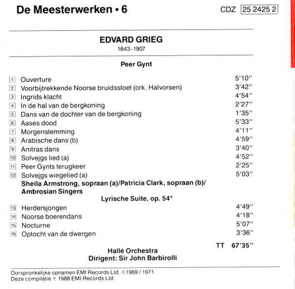 Edvard Grieg – Sheila Armstrong - Patricia Clark - The Ambrosian Singers - Hallé Orchestra, Sir John Barbirolli : Peer Gynt / Lyrische Suite (CD, Comp, RM)