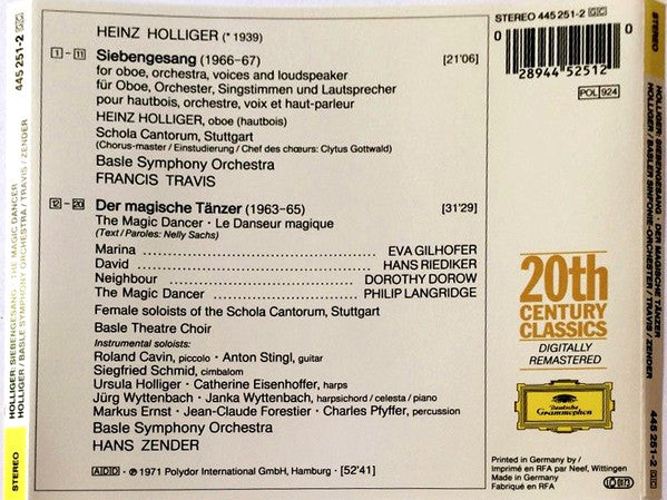 Heinz Holliger, Basler Sinfonie-Orchester, Francis Travis, Hans Zender : Siebengesang · Der Magische Tänzer (CD, RE)