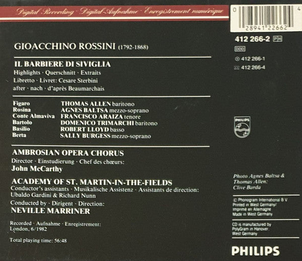 Gioacchino Rossini - Thomas Allen - Agnes Baltsa - Francisco Araiza, Robert Lloyd (4), The Academy Of St. Martin-in-the-Fields, Sir Neville Marriner : Il Barbiere Di Siviglia Highlights (CD, Album, RE, RP)