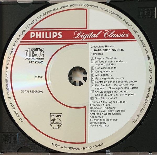 Gioacchino Rossini - Thomas Allen - Agnes Baltsa - Francisco Araiza, Robert Lloyd (4), The Academy Of St. Martin-in-the-Fields, Sir Neville Marriner : Il Barbiere Di Siviglia Highlights (CD, Album, RE, RP)